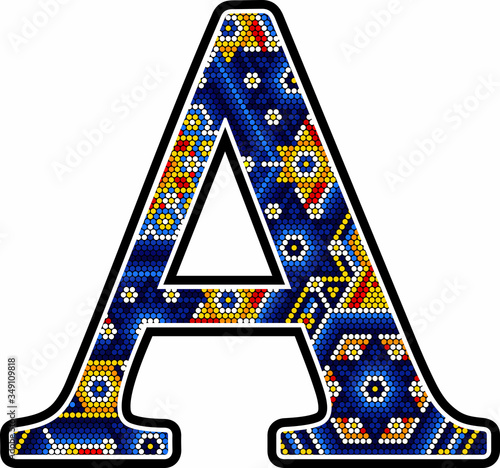 initial capital letter A with colorful dots. Abstract design inspired in mexican huichol craft art style. Isolated on white background