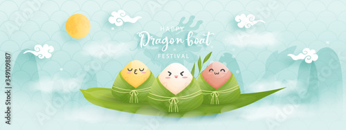 Chinese Dragon boat festival with rice dumplings, vector illustration.