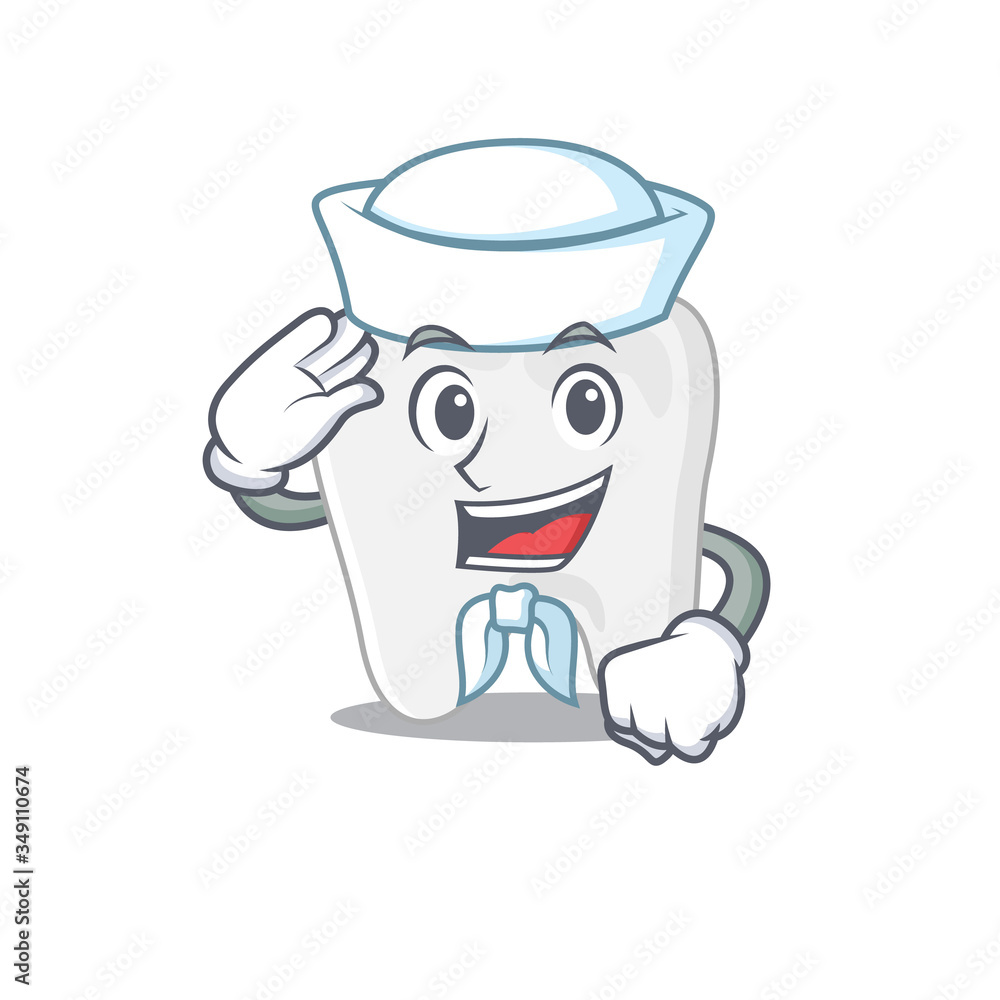 Smiley sailor cartoon character of tooth wearing white hat and tie Smiley sailor cartoon character of tooth wearing white hat and tie