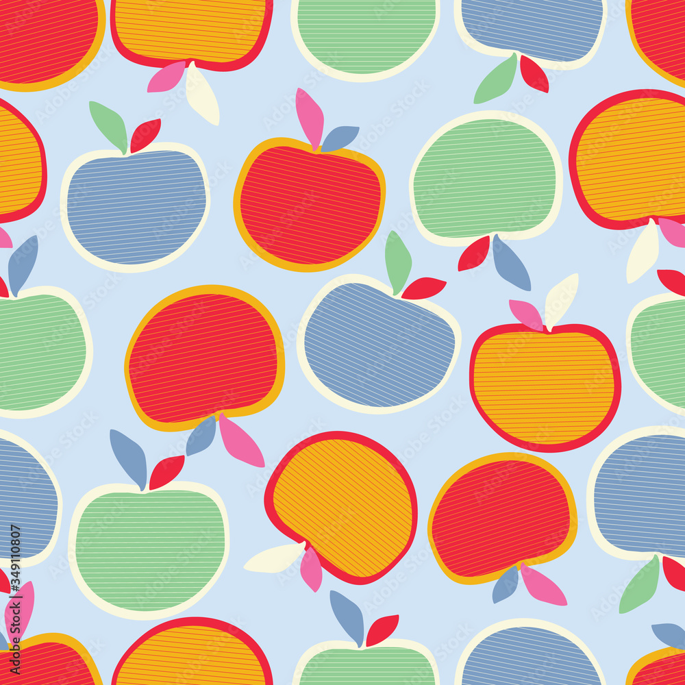 Light blue with loose whimsical apples seamless pattern background design. Light blue with loose whimsical apples seamless pattern background design.