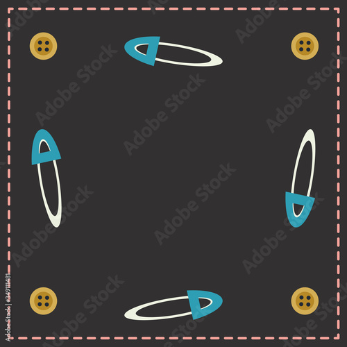 Scrapbooking paper vector with pins, stitches and buttons. Sewing page for note books, social network post with place for your text. Sew shops card, coupons
