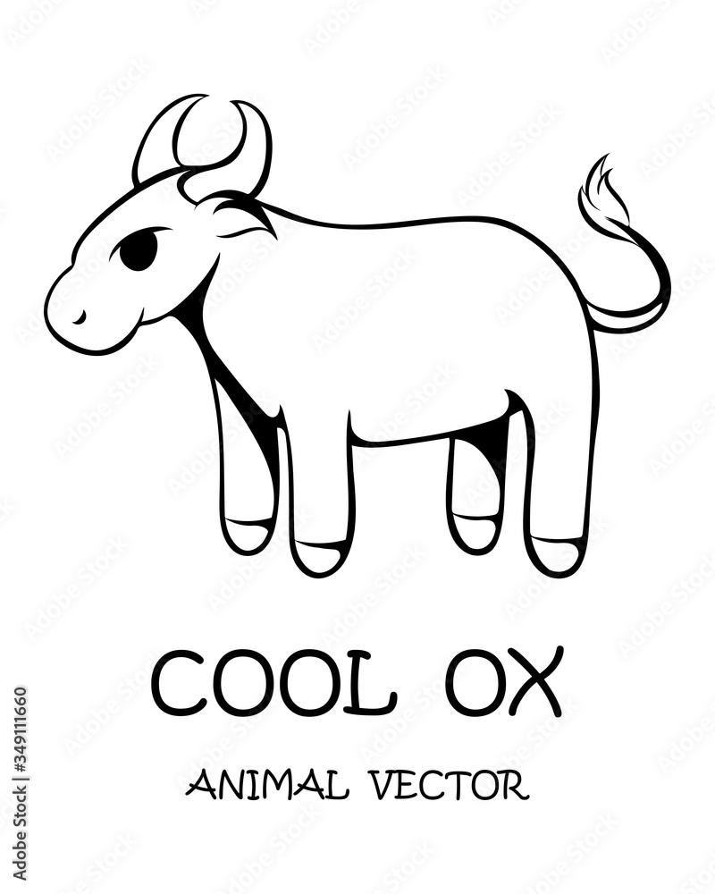 Black Vector illustration cartoon on a white background of a cute ox. 