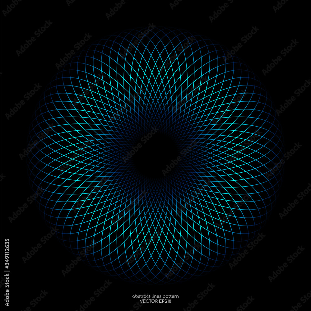 Abstract blue green light lines weaving pattern in circle shape isolated on black background. Vector illustration in concept technology, science, music, modern.