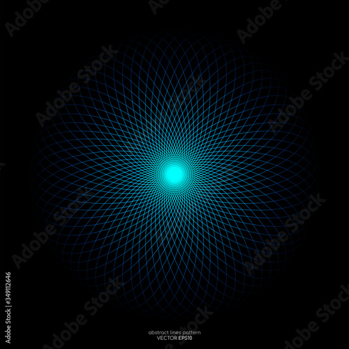 Abstract blue green light lines weaving pattern in circle shape isolated on black background. Vector illustration in concept technology, science, music, modern.