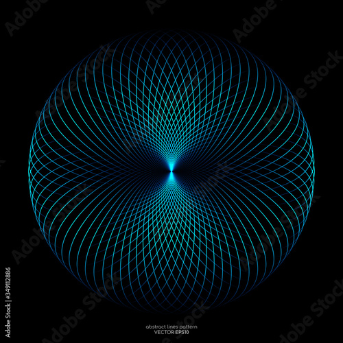 Abstract blue green light lines weaving pattern in circle shape isolated on black background. Vector illustration in concept technology, science, music, modern.