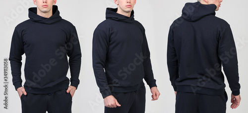 Man in black hooded sweatshirt on white background. Front view, back view