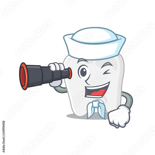 A cartoon picture of tooth Sailor using binocular
