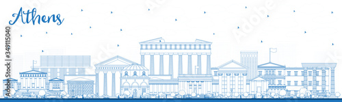 Outline Athens Greece City Skyline with Blue Buildings.