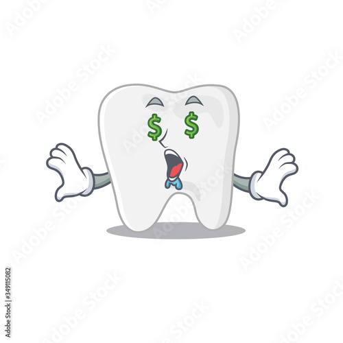 wealthy cartoon character concept of tooth with money eyes