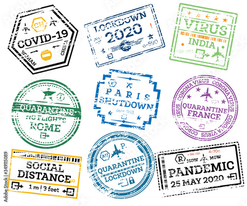 Covid-19 Collection of Grunge Passport Stamps Isolated on White.