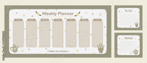 Cute weekly planner background with flowers, plants, leaves. Vector illustration for kids. Organizer and schedule with notes and To Do list. 