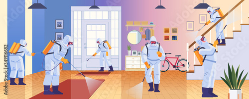 Home disinfection by cleaning service. Prevention controlling epidemic of coronavirus covid-2019. Worker in chemical protection disinfects the house. Cartoon style vector illustration design