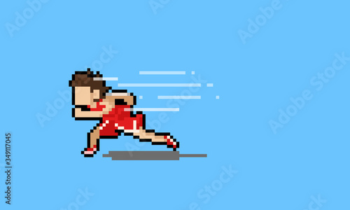 Pixel art cartoon runner character with wind effect.