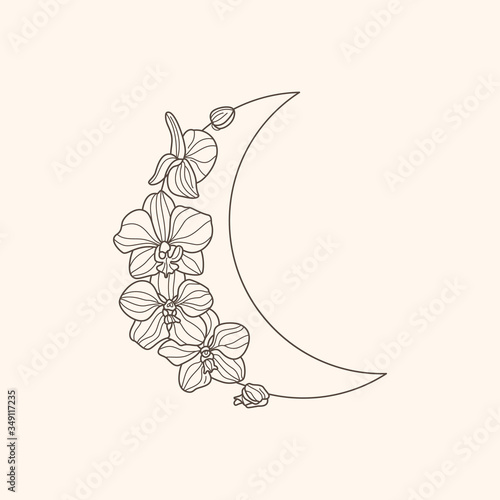 Crescent moon of orchid flowers in a trendy minimal linear style. Vector floral icon. Tattoo design