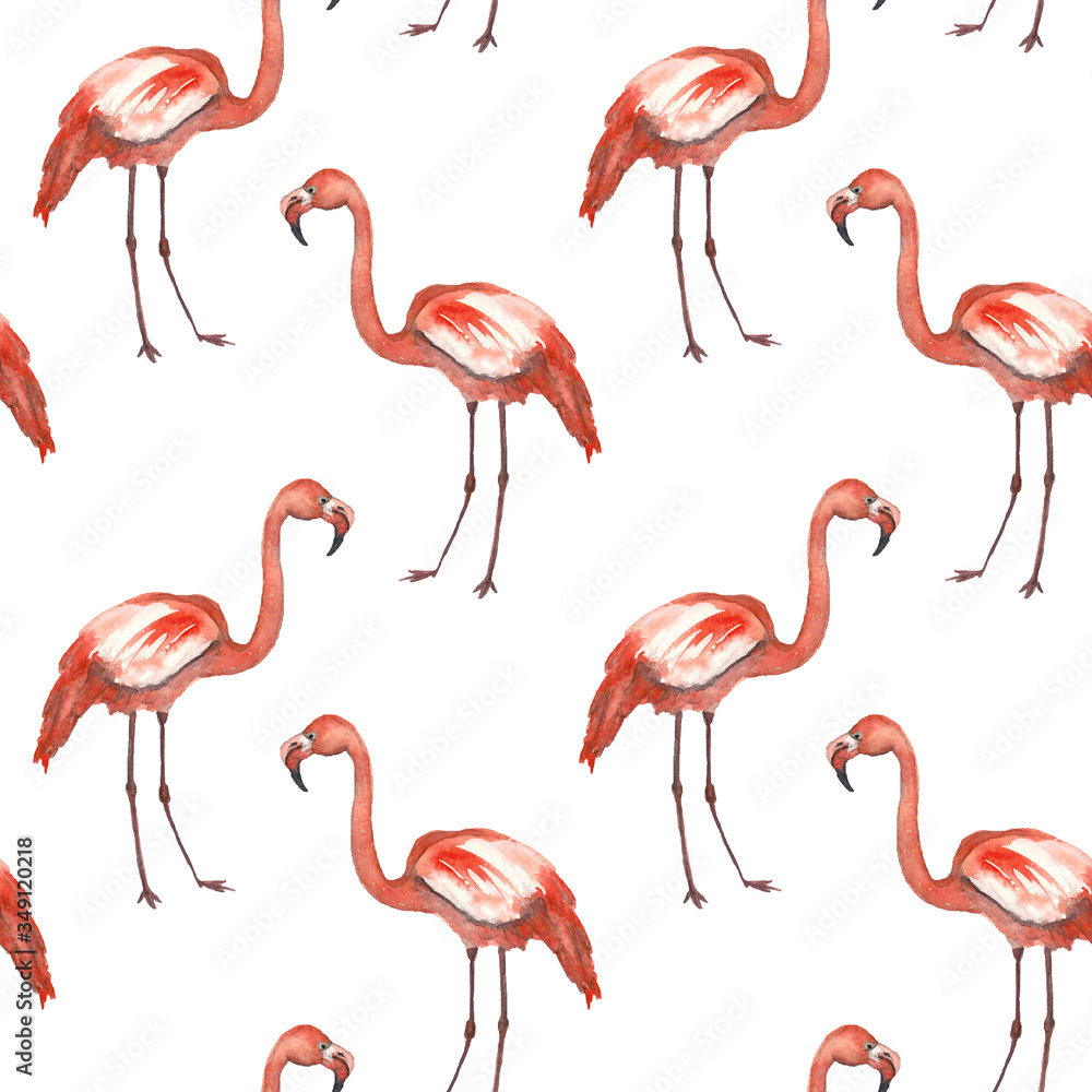 Naklejka premium pink bird seamless pattern, watercolor flamingos, white background, blank, print, fabric, wallpaper, packaging, children's illustration, .beautiful pink bird