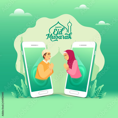 Eid mubarak greeting card. muslim couple blessing Eid mubarak through smart phone screens using video call. Online communication during Covid-19 pandemic