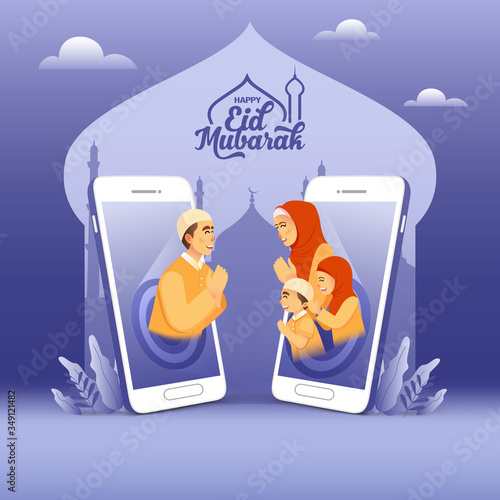 Eid mubarak greeting card. father talking to family using cell phone video call.  Online communication during Covid-19 pandemic