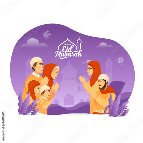 Eid mubarak greeting card. muslim family blessing Eid mubarak to grandparent isolated on white background