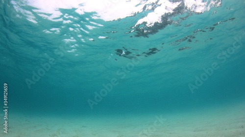 Sandy bottom and blue water in sea. Underwater background photo 