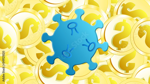 Blue virus dangerous deadly epidemic pandemic of the microbe coronavirus covid-19 against a background of gold dollar coins. Vector illustration