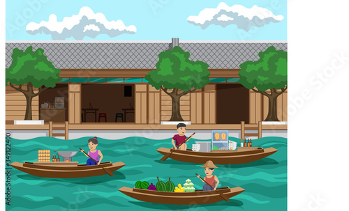 Floating market in thailand It's a riverside community market There are sales of such as fruit , noodles and padthai.