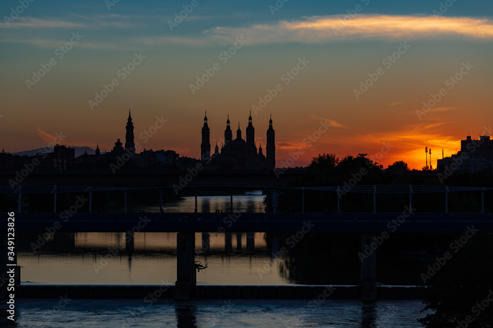 spectacular sunset in the city of zaragoza