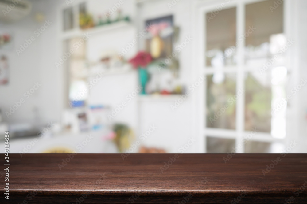 Wood desk space and blurred of kitchen background. for product display montage. business presentation. Wood desk space and blurred of kitchen background. for product display montage. business presentation.