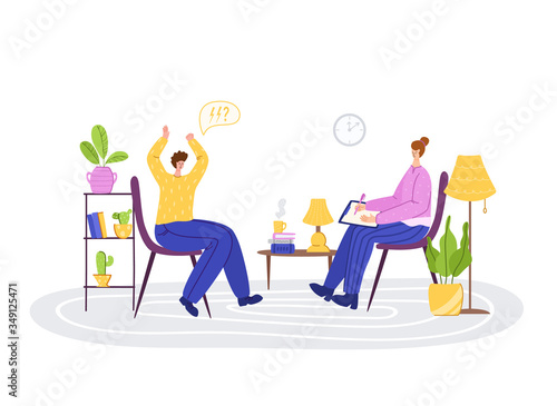Psychological servise - upset man and woman psychologist indoor, in room. Costumer and therapist on individual therapy session, helpful consultation and personal assistance. Isolated vector
