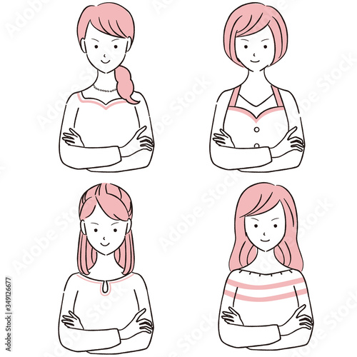 手描き1color　腕組みをする笑顔の女性4人