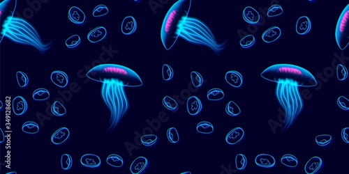 Jellyfish seamless pattern with neon glowing vibrant glitchy abstract background