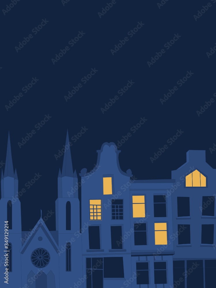 Vector illustration in postcard style with typical European night city view. Brick facades and gothic church