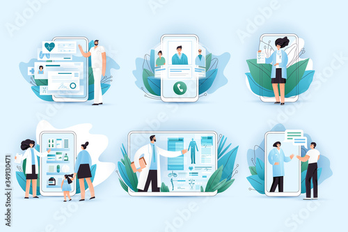 Online medicine vector flat concept. Doctors and nurses helping with medical treatment, picking right pills in online pharmasy, medic consulting on a phone and tablet