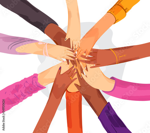 Top view of young people putting their hands together. Vector flat Illustration of Friends with stack of hands showing unity and teamwork. Sisterhood feminist concept
