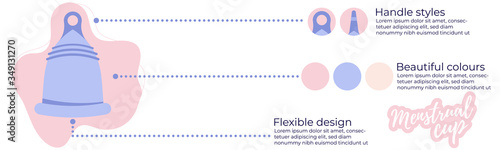Menstrual period use cup to collecting blood. Menstrual cup hygiene device used in feminine menstruation period. Vector infographic instruction.