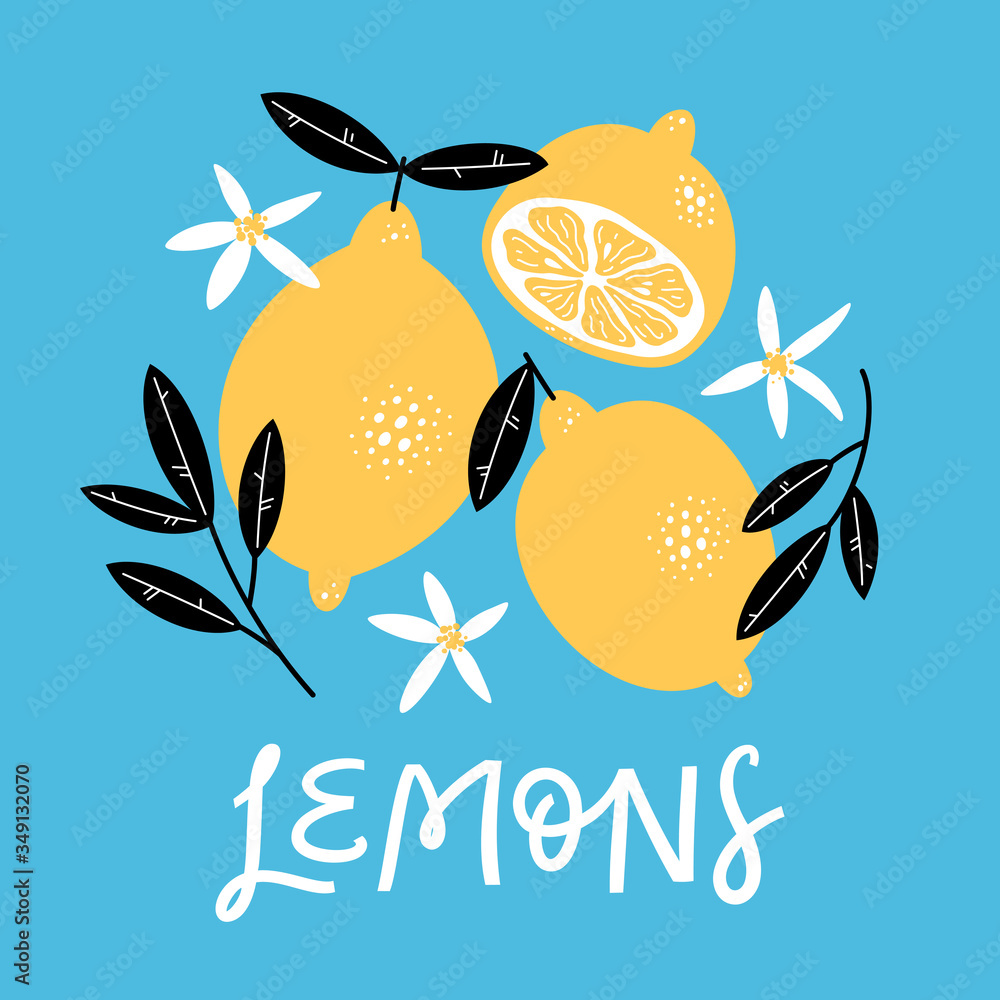 Fototapeta premium Hand drawn set with lemons, leaves, flowers and handwritten lettering. Vector illustration.