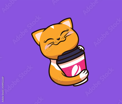 The logo funny cat with coffee. Food logotype, cute animal, kitty cartoon character, badge, sticker, emblem on purple background. Vector illustration, flat, line art style, creative design