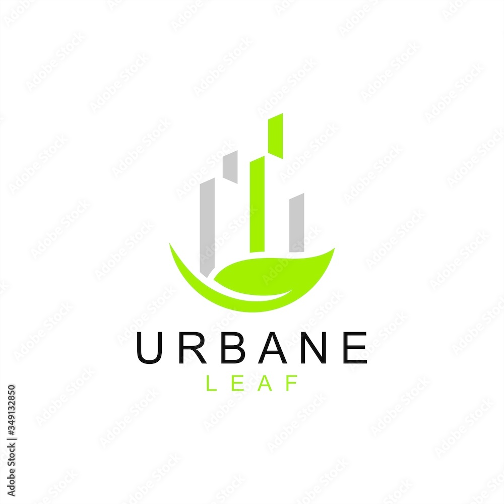 Green leaf with city buildings silhouette. Abstract design concept for ecology theme, real estate agency, building company, urban landscape,