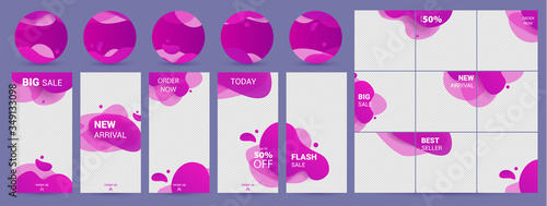 Social media template. Set with purple liquid abstract design for stories, square banners and circle badge. Social media pack template for discount and special offer.Vector illustration.
