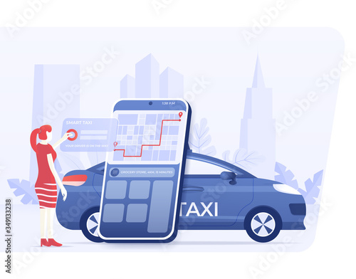 Woman order taxi service via online mobile app on smartphone with navigation city map and pin point location. vector image illustration