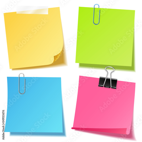 Realistic colorful blank sticky notes with clip binder. Colored sheets of note papers. Paper reminder. Vector illustration.