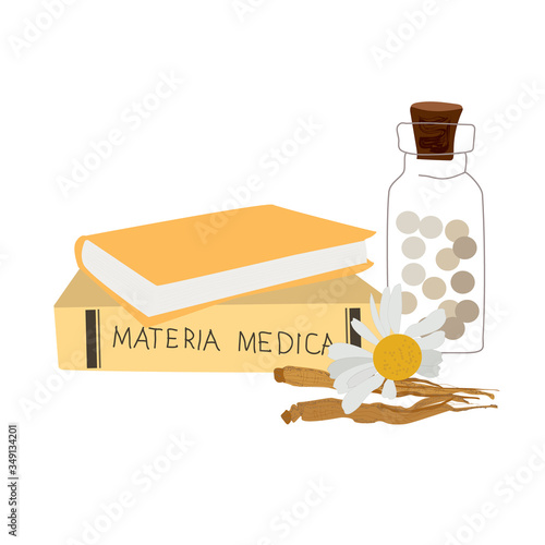 Homeopahy icon or logo, alternative medicine, natural organic therapy, treatment homopathical balls bottle, chamomile and materia medica book isolated on white vector illustration.