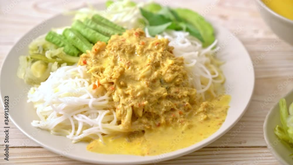 Thai Rice Noodles with Crab Curry and Variety Vegetables - Thai local southern food Thai Rice Noodles with Crab Curry and Variety Vegetables - Thai local southern food