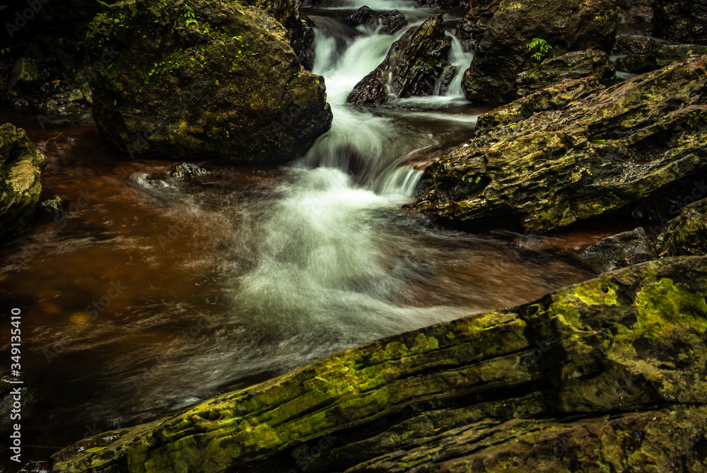 Fototapeta premium waterfall cover with green lush forest long exposure flat angle image