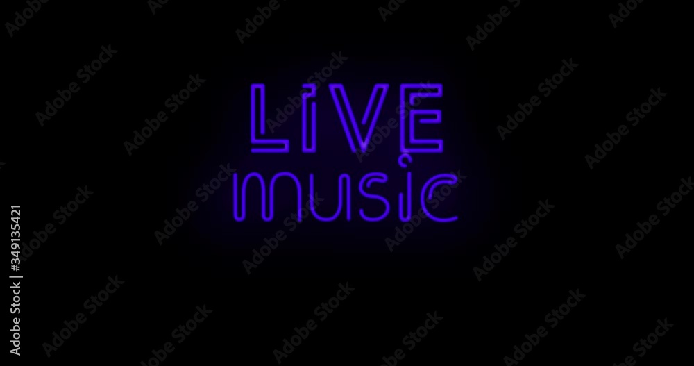 Flashing blue LIVE Music sign on and off with flicker on and off on black background Flashing blue LIVE Music sign on and off with flicker on and off on black background