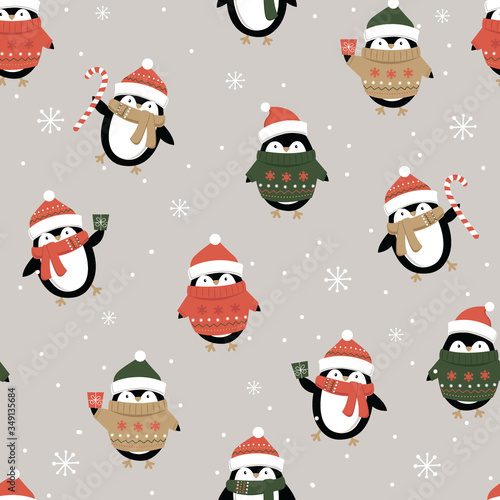 Seamless cute penguin on silver background, Christmas ornament pattern, Vector illustration