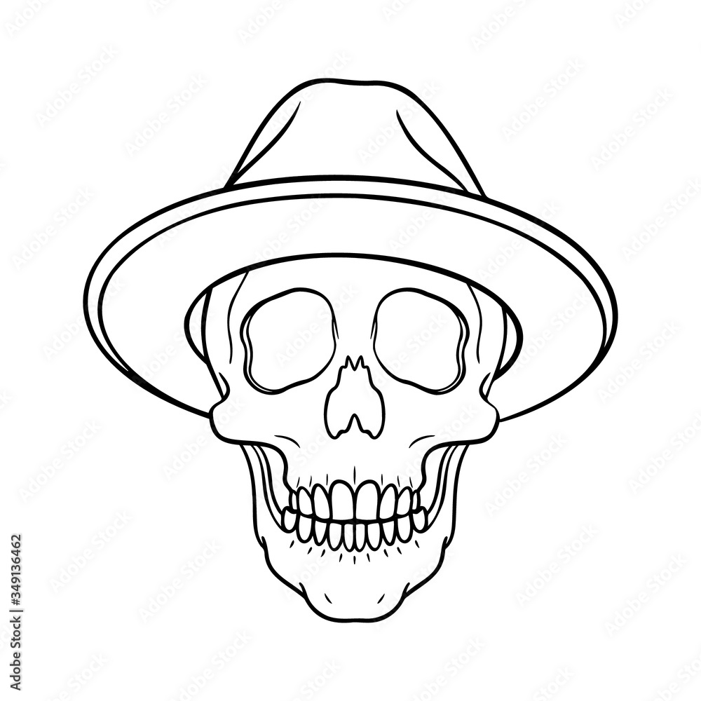 monochrome comic illustration of a skull with hipster hat. isolated, outline.