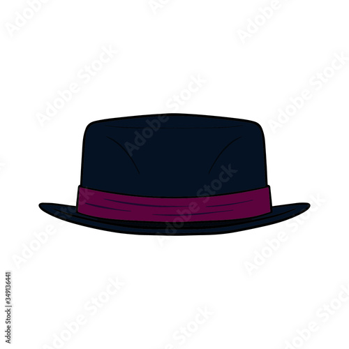 dark blue hat with red bandage. jazz hat, comic, vector drawing. isolated on white background.