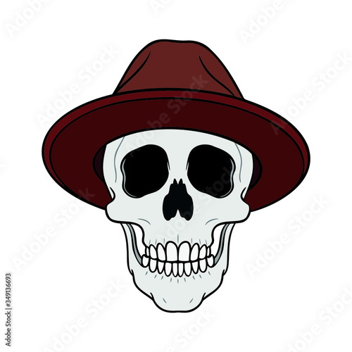 gray skull with brown hipster hat pushed back. isolated on white background. comic, illustration. © Kurt