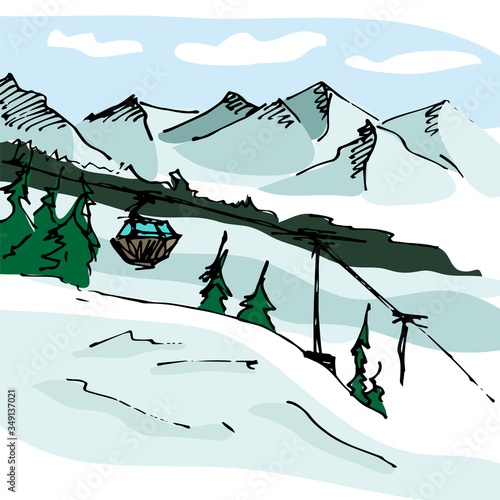 Mountain resort. Snow-covered mountain slope with a lift. Snowy mountains and coniferous forest. Winter time. Vector illustration in a simple flat style for design and web.