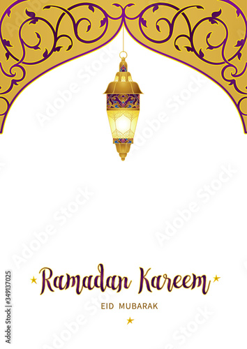 Vector premade Ramadan Kareem card. A4 page size. Vintage banner for yours Ramadan wishing. Arabic ornament, lantern, arch. Place for greeting text. Islamic Holidays background. Muslim Ramadan Month.